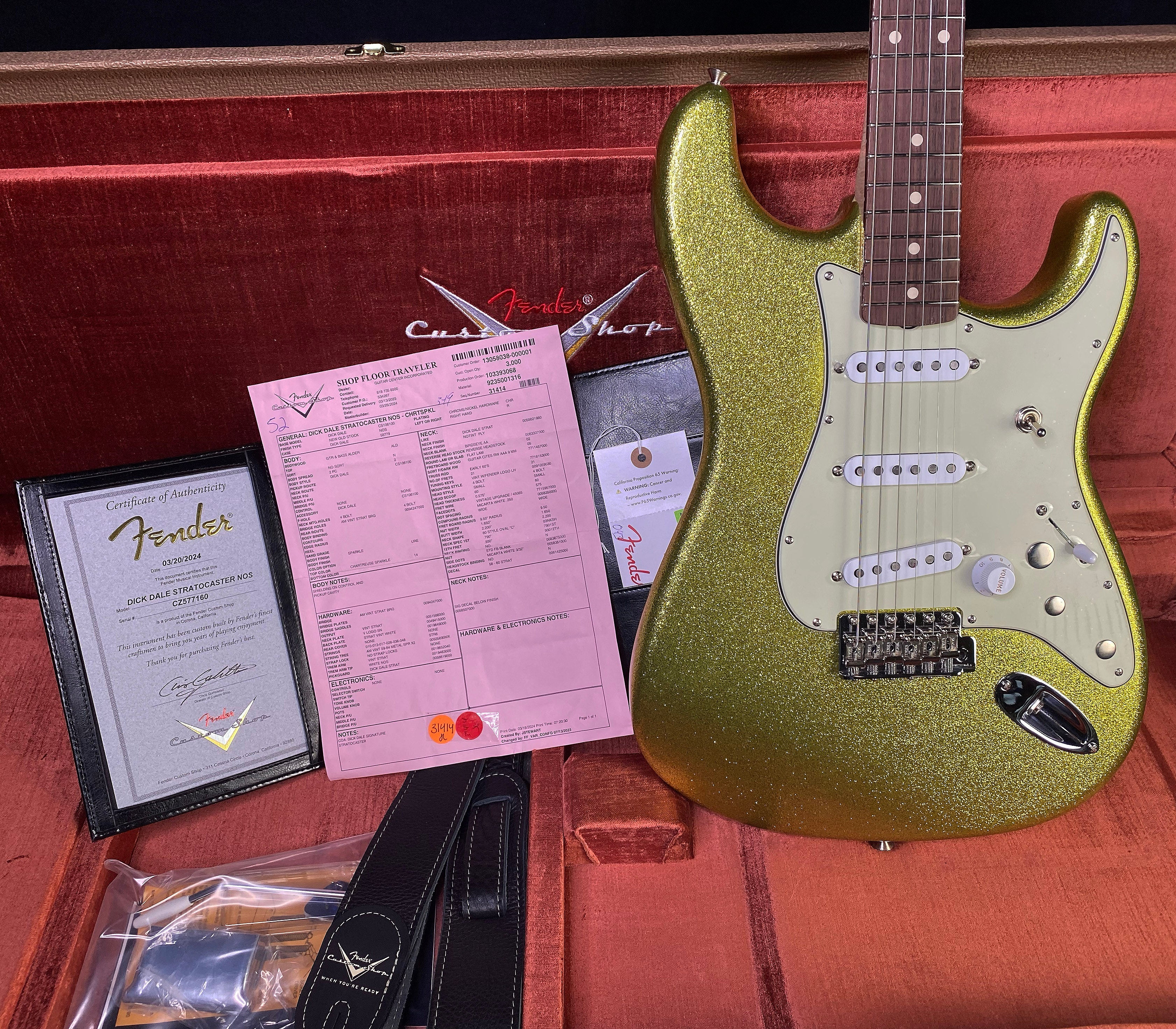 NEW ! 2024 Fender Custom Shop Dick Dale Stratocaster - NOS - Chartreuse Sparkle - 7.7 lbs Authorized Dealer! SAVE BIG! - G03056