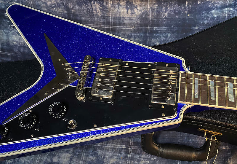 NEW! 2024 Gibson Custom Shop Flying V Custom Ebony Board - Dealer Select - Blue Sparkle - 7.8 lbs - Chrome Hardware - Authorized Dealer - Limited Edition! G03848