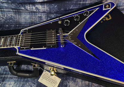 NEW! 2024 Gibson Custom Shop Flying V Custom Ebony Board - Dealer Select - Blue Sparkle - 7.5lbs! Chrome Hardware - Authorized Dealer - Limited Edition! G03877