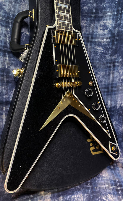 NEW! 2024 Gibson Custom Shop Flying V Custom - Ebony Sparkle - Ebony Board - Authorized Dealer - Ultra RARE! Dealer Select - Only 7.2 lbs - G04157