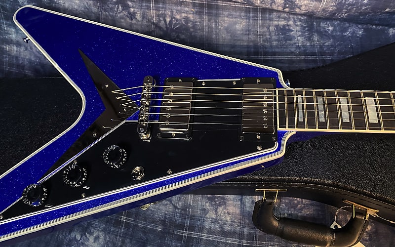 NEW! 2024 Gibson Custom Shop Flying V Custom Ebony Board - Dealer Select - Blue Sparkle - 7.5lbs! Chrome Hardware - Authorized Dealer - Limited Edition! G03877