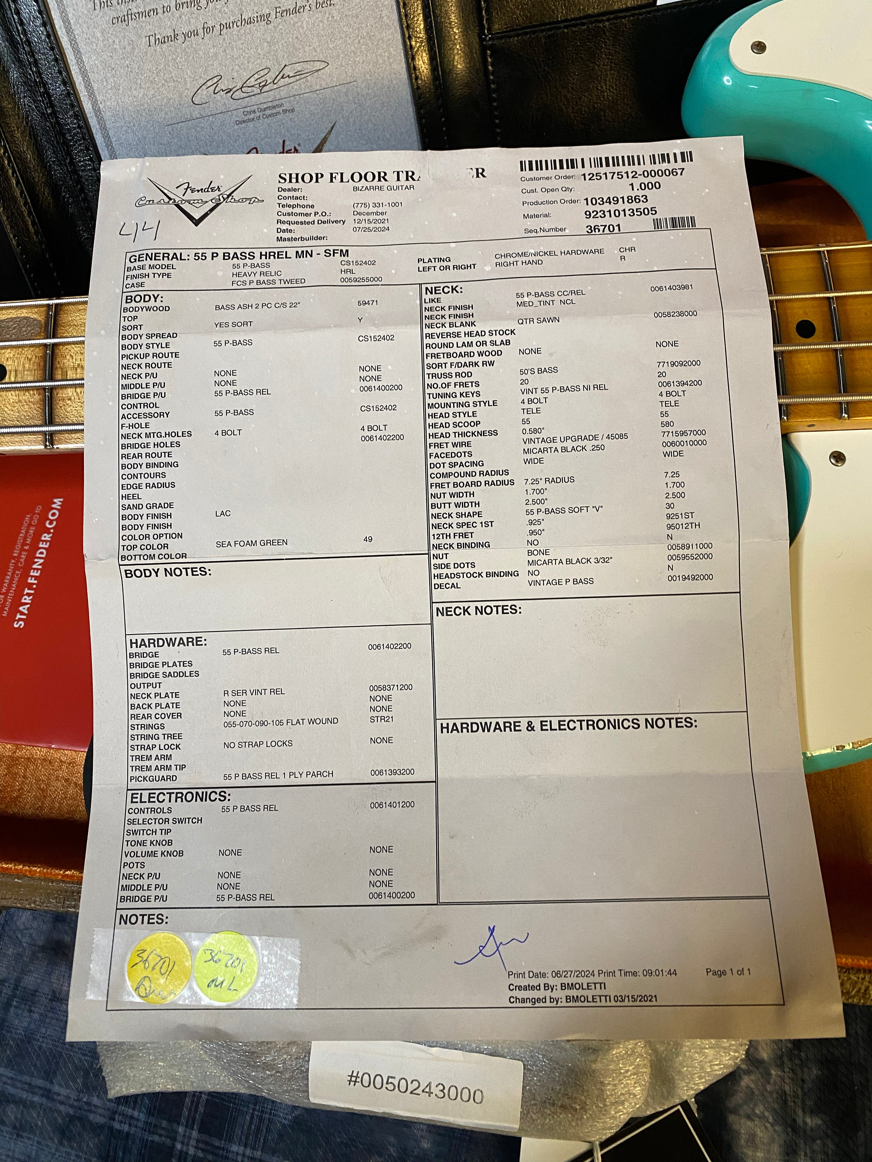 NEW!! 2024 Fender Custom Shop '55 Precision Bass Relic - Seafoam Green - 8.5 lbs Authorized Dealer! G03255