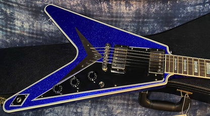 NEW! 2024 Gibson Custom Shop Flying V Custom Ebony Board - Dealer Select - Blue Sparkle - 7.8 lbs - Chrome Hardware - Authorized Dealer - Limited Edition! G03848