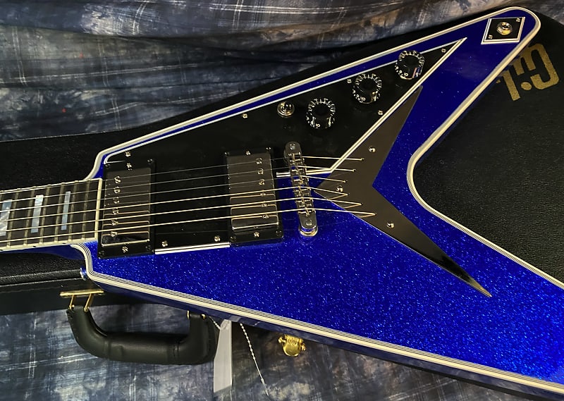 NEW! 2024 Gibson Custom Shop Flying V Custom Ebony Board - Dealer Select - Blue Sparkle - 8.1 lbs - Chrome Hardware - Authorized Dealer - Limited Edition! G03863