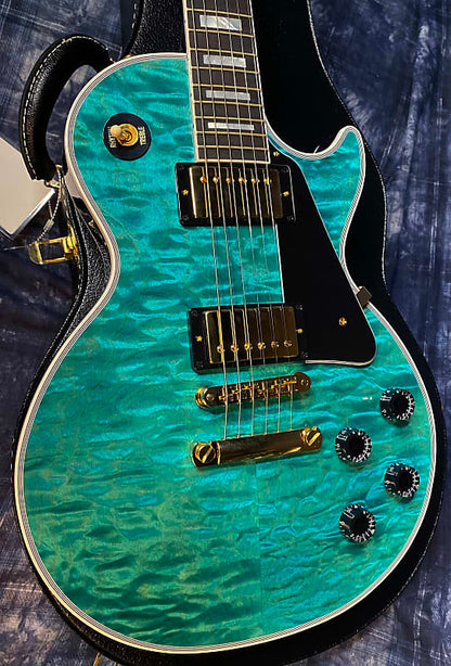 BRAND NEW! 2024 Gibson Dealer Select Custom Shop Les Paul Custom AAAAA Quilt - Aqua Blue - Authorized Dealer - WOW! Only 9.3 lbs - G03946