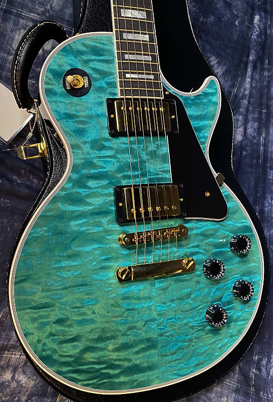 BRAND NEW! 2024 Gibson Dealer Select Custom Shop Les Paul Custom AAAAA Quilt - Aqua Blue - Authorized Dealer - WOW! Only 9.3 lbs - G03946