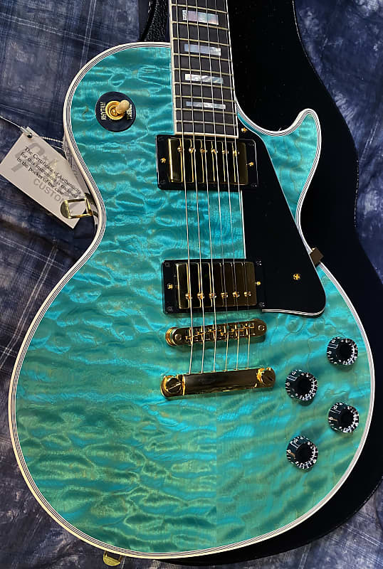 BRAND NEW! 2024 Gibson Dealer Select Custom Shop Les Paul Custom AAAAA Quilt - Aqua Blue - Authorized Dealer - WOW! 10.1 lbs - G03944