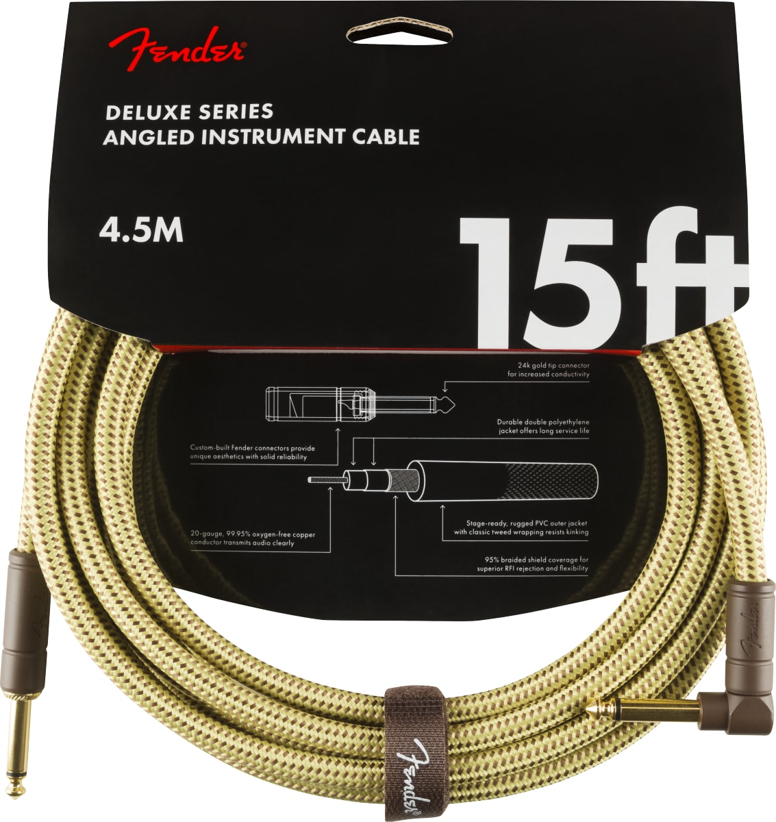 NEW ! Fender Deluxe Series Instrument Cable, Straight/Angle, 15', Tweed - Authorized Dealer - Lifetime Warranty