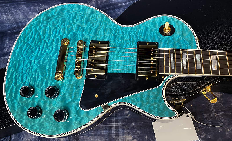 BRAND NEW! 2024 Gibson Dealer Select Custom Shop Les Paul Custom AAAAA Quilt - Aqua Blue - Authorized Dealer - WOW! Only 9.3 lbs - G03945