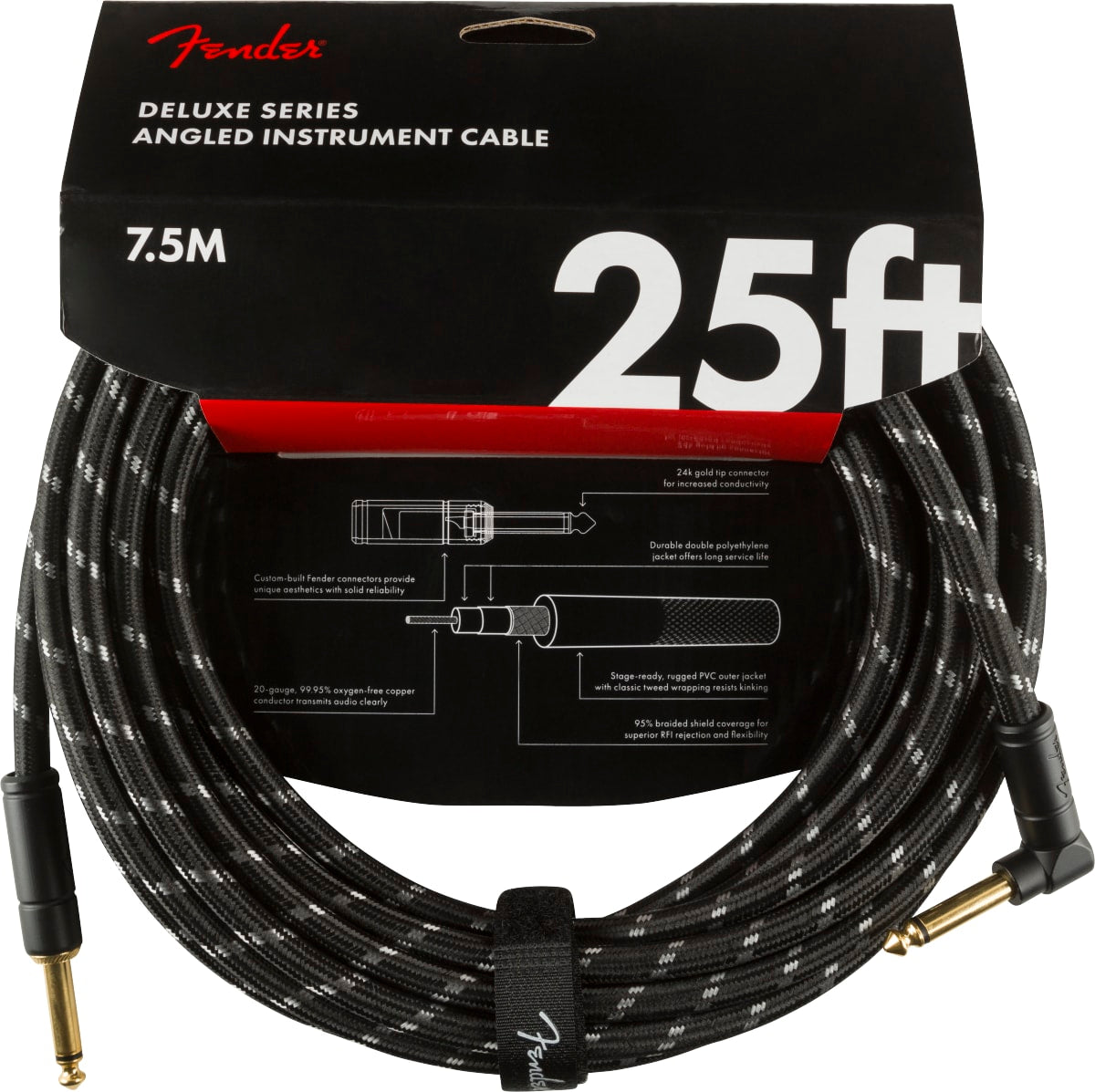 NEW ! Fender Deluxe Series Instrument Cable - Straight/Angle - 25' - Black Tweed - Authorized Dealer