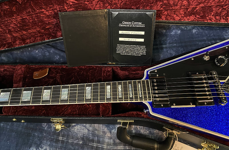 NEW! 2024 Gibson Custom Shop Flying V Custom Ebony Board - Dealer Select - Blue Sparkle - 7.5lbs! Chrome Hardware - Authorized Dealer - Limited Edition! G03877