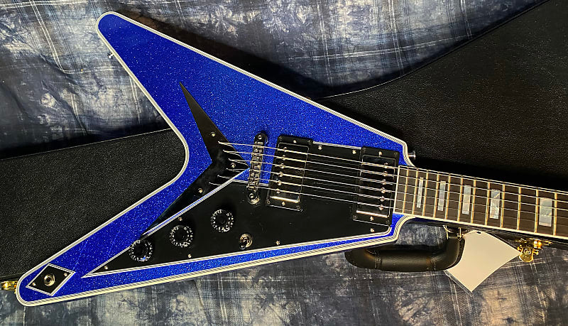 NEW! 2024 Gibson Custom Shop Flying V Custom Ebony Board - Dealer Select - Blue Sparkle - Only 7 lbs - Chrome Hardware - Authorized Dealer - Limited Edition! G04213 - Blem - SAVE BIG