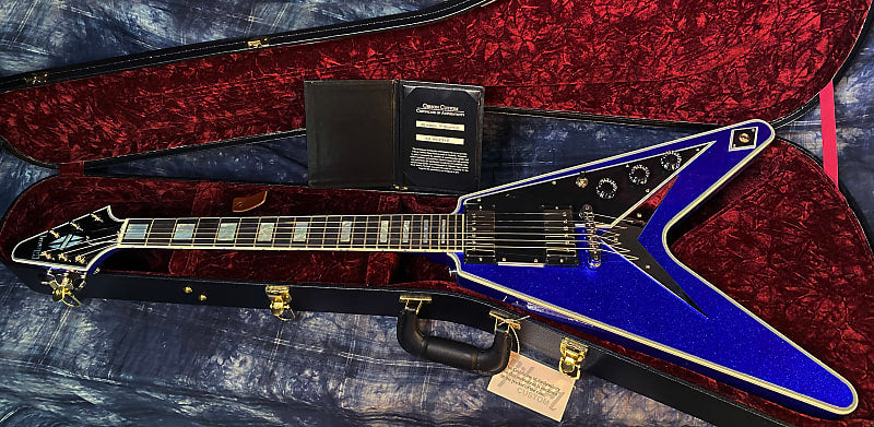 NEW! 2024 Gibson Custom Shop Flying V Custom Ebony Board - Dealer Select - Blue Sparkle - 7.5lbs! Chrome Hardware - Authorized Dealer - Limited Edition! G03877