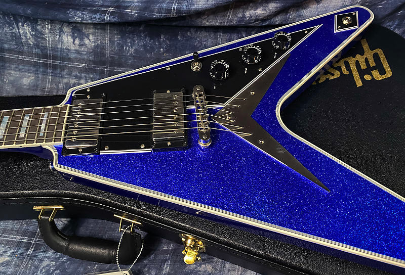 NEW! 2024 Gibson Custom Shop Flying V Custom Ebony Board - Dealer Select - Blue Sparkle - 7.8 lbs - Chrome Hardware - Authorized Dealer - Limited Edition! G03848