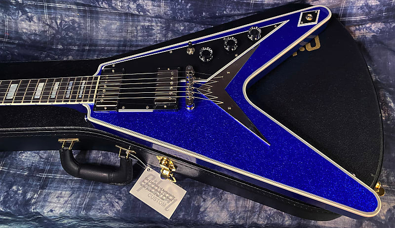 NEW! 2024 Gibson Custom Shop Flying V Custom Ebony Board - Dealer Select - Blue Sparkle - 7.5lbs! Chrome Hardware - Authorized Dealer - Limited Edition! G03877