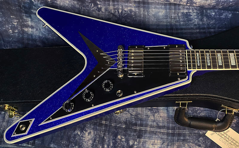 NEW! 2024 Gibson Custom Shop Flying V Custom Ebony Board - Dealer Select - Blue Sparkle - 7.5lbs! Chrome Hardware - Authorized Dealer - Limited Edition! G03877