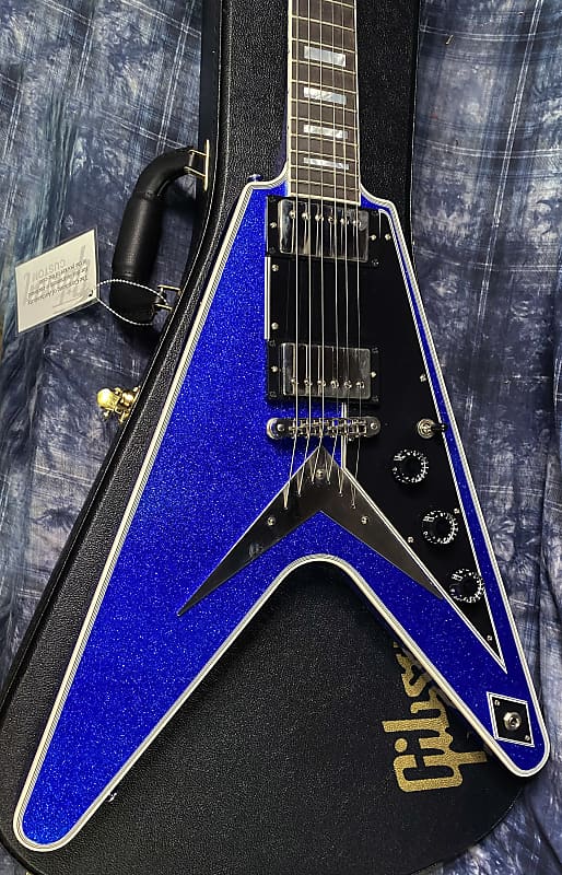 NEW! 2024 Gibson Custom Shop Flying V Custom Ebony Board - Dealer Select - Blue Sparkle - 7.8 lbs - Chrome Hardware - Authorized Dealer - Limited Edition! G03848