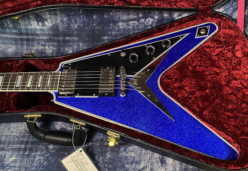 NEW! 2024 Gibson Custom Shop Flying V Custom Ebony Board - Dealer Select - Blue Sparkle - 7.8 lbs - Chrome Hardware - Authorized Dealer - Limited Edition! G03848