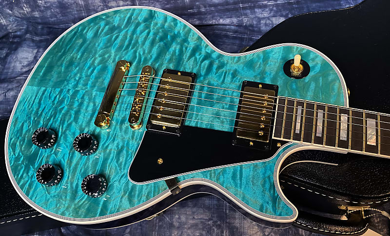 BRAND NEW! 2024 Gibson Dealer Select Custom Shop Les Paul Custom AAAAA Quilt - Aqua Blue - Authorized Dealer - WOW! Only 9.3 lbs - G03946