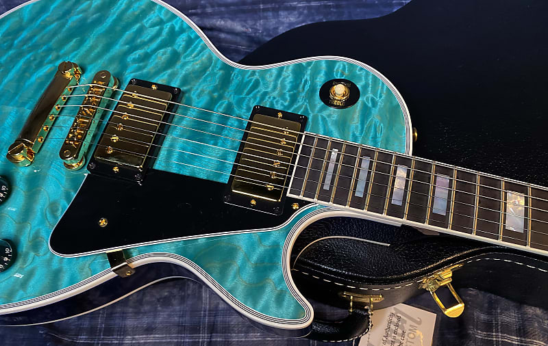 BRAND NEW! 2024 Gibson Dealer Select Custom Shop Les Paul Custom AAAAA Quilt - Aqua Blue - Authorized Dealer - WOW! 10.1 lbs - G03944